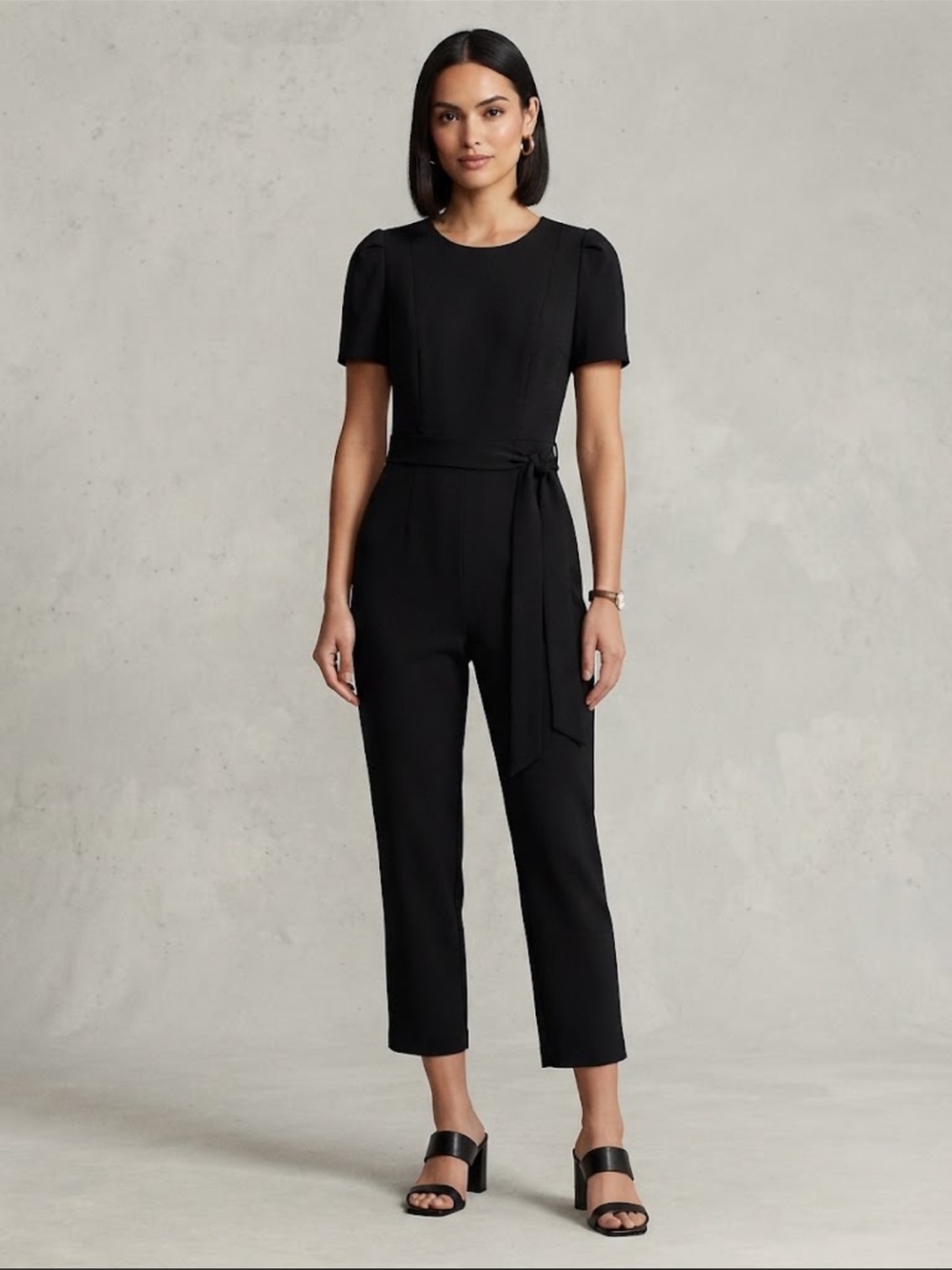 CALVIN KLEIN Black Puff Sleeve Tie Waist Cropped Leg Jumpsuit Size 12 NWT